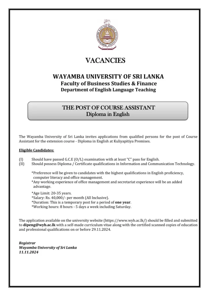 Course Assistant - Wayamba University