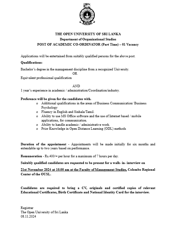 Academic Coordinator - Open University of Sri Lanka