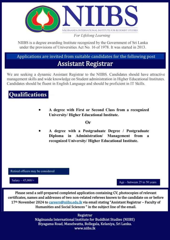 Assistant Registrar - Nagananda International Institute for Buddhist Studies