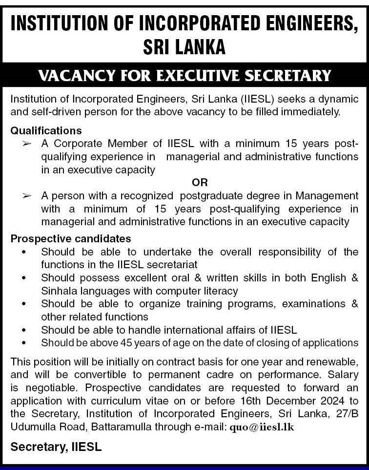 Executive Secretary - Institution Of Incorporated Engineers Sri Lanka