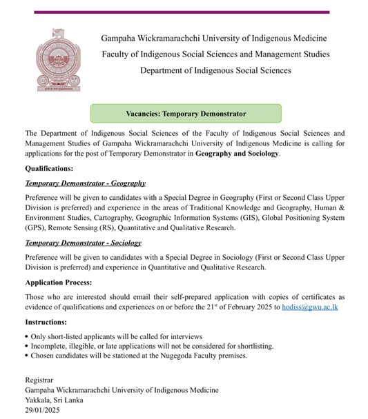 Demonstrator - Gampaha Wickramarachchi University of Indigenous Medicine