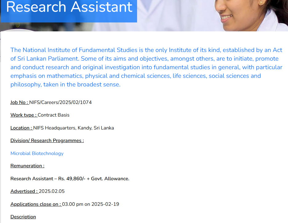 Research Assistant - National Institute of Fundamental Studies