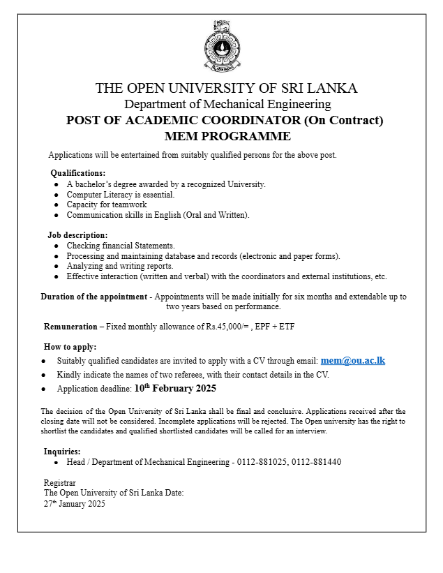 Academic Coordinator - Open University of Sri Lanka