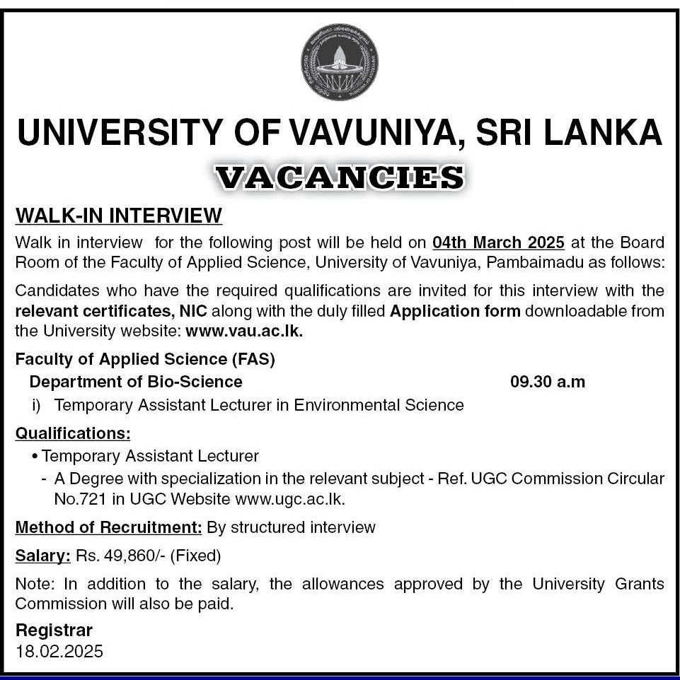 Assistant Lecturer - University of Vavuniya